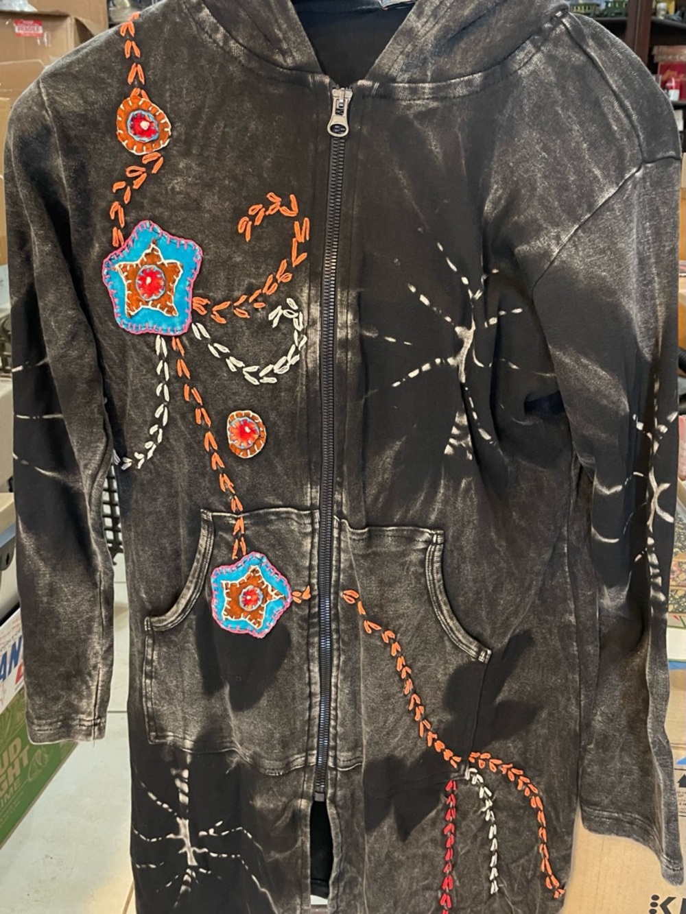 Rising International Black Hooded Zip-Front Jacket with Colorful Embroidery